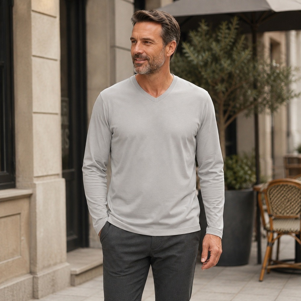 Robert Barakett Men's XL Pima Cotton Long Sleeve V-Neck T-Shirt Gray 42063